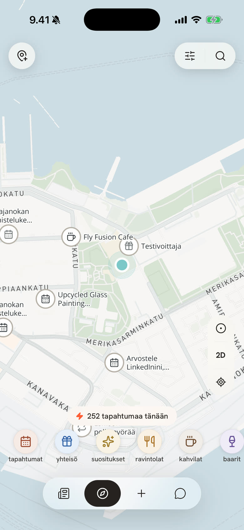Bivo-sovelluksen karttanäkymä, jossa tapahtumat näkyvät Mapbox-kartalla