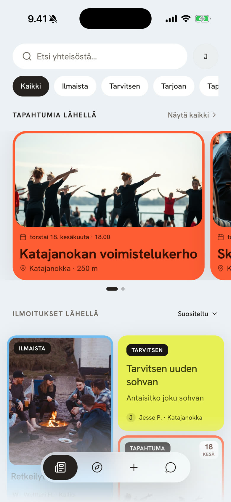 Bivo-sovelluksen etusivu, jossa lähialueen tapahtumat ja ilmoitukset