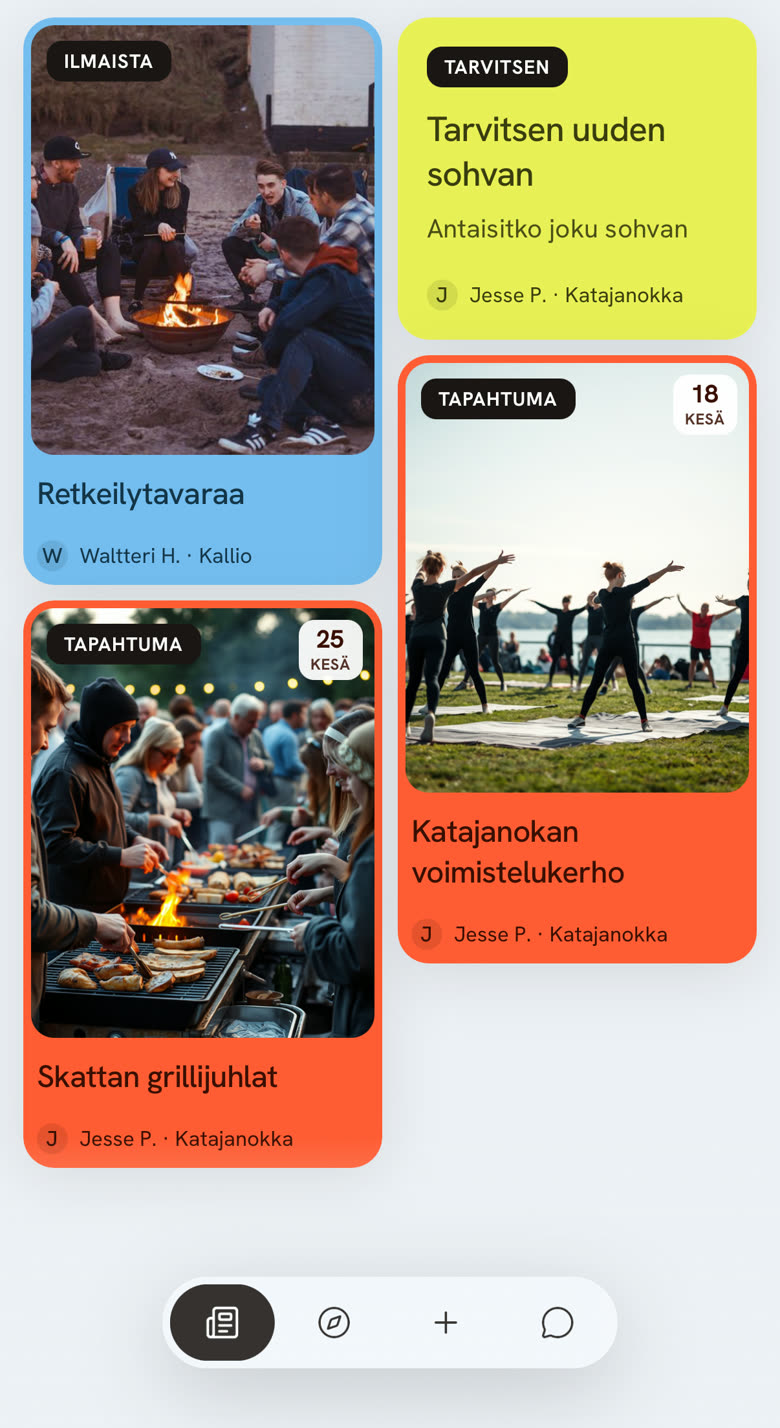 Bivo-sovelluksen marketplace-näkymä lähialueen ilmoituksista