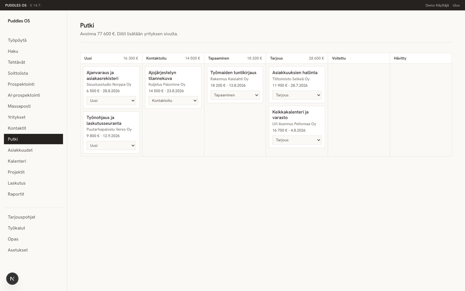 Puddles OS sales pipeline as a kanban board