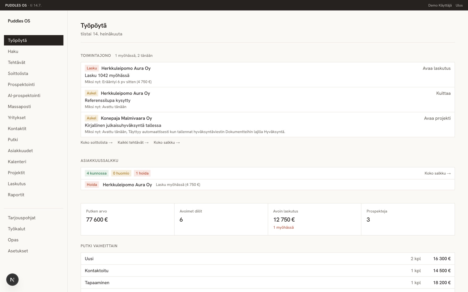 Puddles OS desktop: pipeline value, open invoices and next tasks